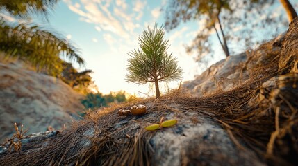 Fototapeta premium Small Pine Tree in Forest at Dawn with Tropical Sky and Rocks in Winter Setting Highlighting Natureâ€™s Resilience and Beauty