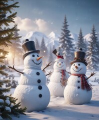 Obraz premium Group of snowmen in a festive winter landscape , snowy, serene