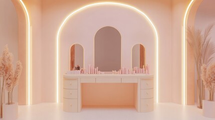 Modern beauty room interior featuring a beige vanity and glowing neon lights, showcasing an elegant display of cosmetics and skincare products.