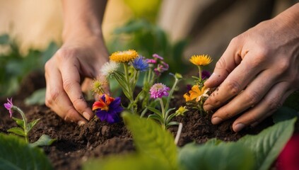 Closeup of hands planting brightly colored wildflowers, fostering pollinator habitats and adding life to the environment.