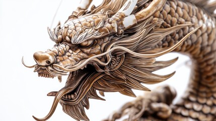 Intricately designed dragon sculpture showcasing ornate details against a clean white backdrop perfect for artistic displays or decor.