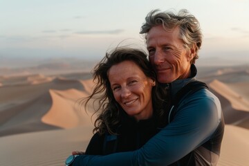 Obraz premium Portrait of a blissful couple in their 40s showing off a lightweight base layer isolated in backdrop of desert dunes