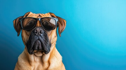 Playful dog wearing sunglasses against a vibrant blue background showcasing a fun and whimsical pet portrait.