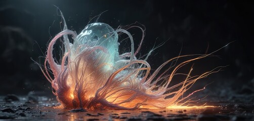 Group of long, thin filaments of light emanating from a gelatinous creature , marine animal, fluid motion, gentle radiance