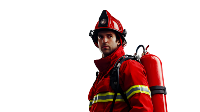 Firefighter action portrait studio stock image close-up safety and courage concept