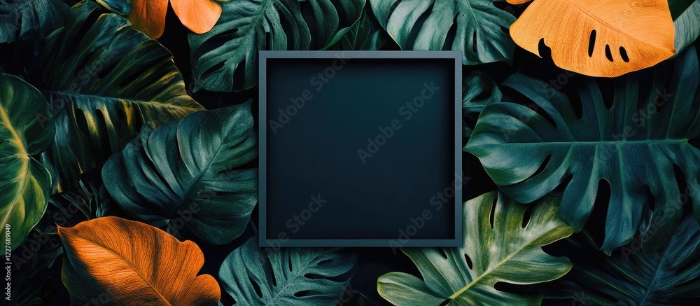 Poster tropical leaves surrounding black square frame on dark background with space for text suitable for n