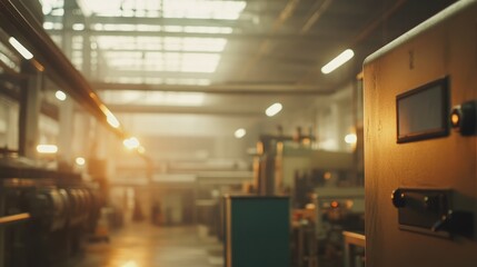 Interior view of a modern industrial factory showcasing manufacturing machines and blurred equipment illuminated by soft lighting