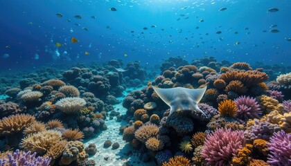 Naklejka premium A wide-angle view of a bustling coral reef on the ocean floor, with colorful coral formations, curious rays gliding past, and schools of shimmering fish swimming above the reef