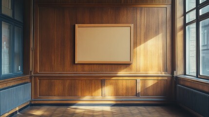 A sunlit room with wooden walls and an empty frame, creating a minimalist aesthetic perfect for showcasing art.