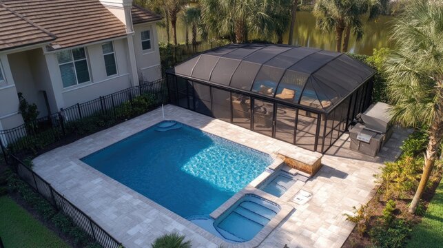 Professional Pool Cover Installation Over a Residential Swimming Pool with Landscaping and Screened Enclosure