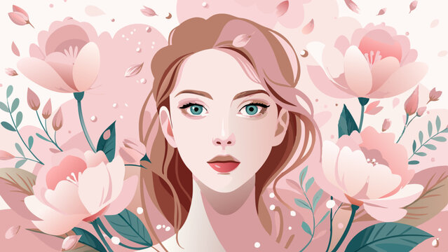  woman's face surrounded by pink and white flowers, serene, looking forward