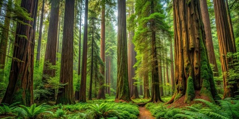 Obraz premium dense redwoods forest with tall trees and lush undergrowth, wilderness, nature, wilderness, nature