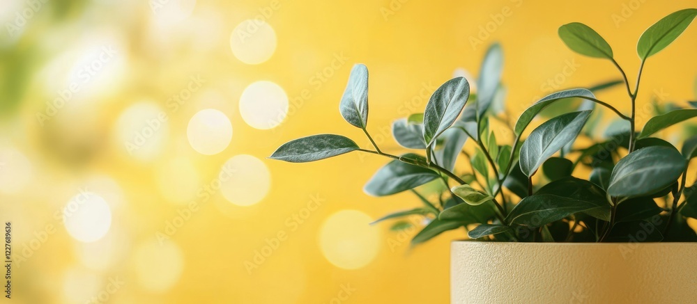 Poster green leaves and spring flowers in soft focus against a yellow background creating a serene atmosphe