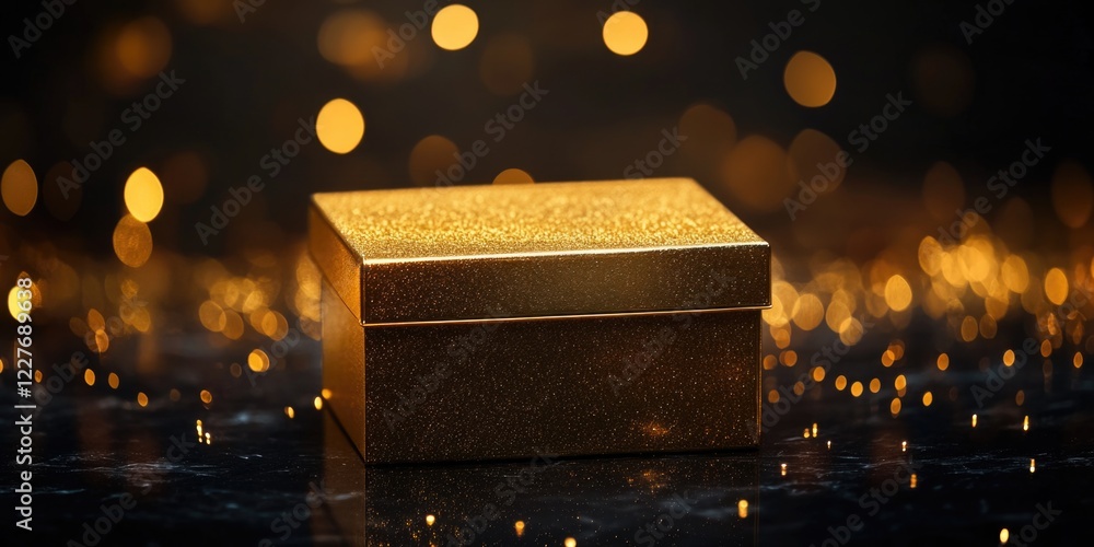 Poster elegant golden gift box surrounded by soft bokeh lights on a dark background with ample space for yo