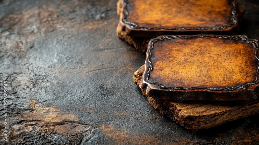 Poster close up view of three square, dark brown textured tiles stacked on a dark brown rustic surface. the