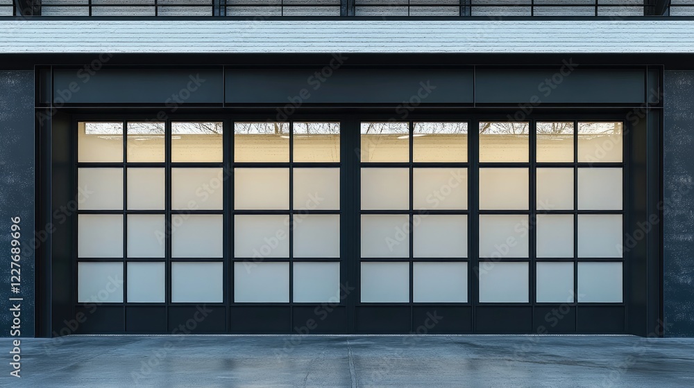 Poster modern commercial glazing structure featuring seaglass windows in sleek black aluminum frame with am