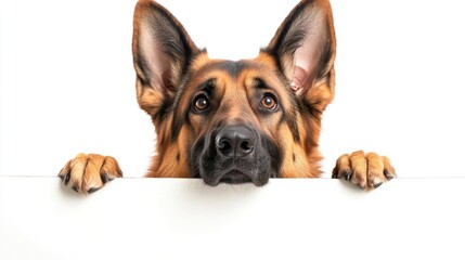 Obraz premium Playful German Shepherd Dog curiously peeking over a blank signboard on a clean white background suitable for advertising or promotional use.