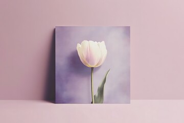 A single white tulip on a purple background