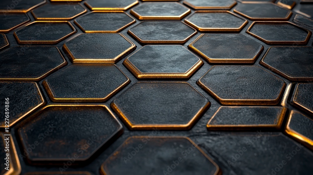 Poster abstract background featuring dark gray hexagonal tiles with gold edges, creating a textured surface