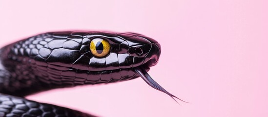 Fototapeta premium Black snake displaying forked tongue and closed yellow eye on soft pink background ideal for wildlife themes and empty copyspace for text