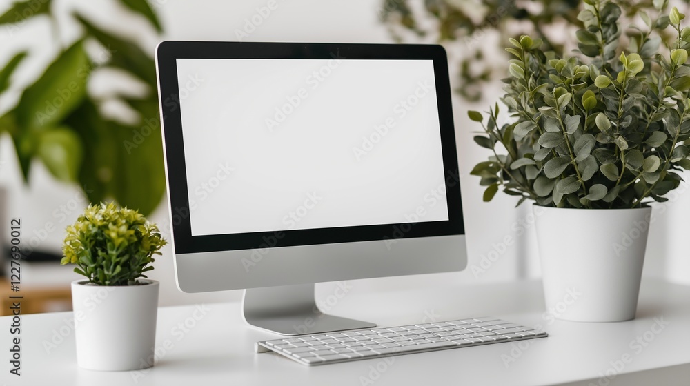 Poster mockup display of computer in office workspace. e commerce technology in corporate setting template 