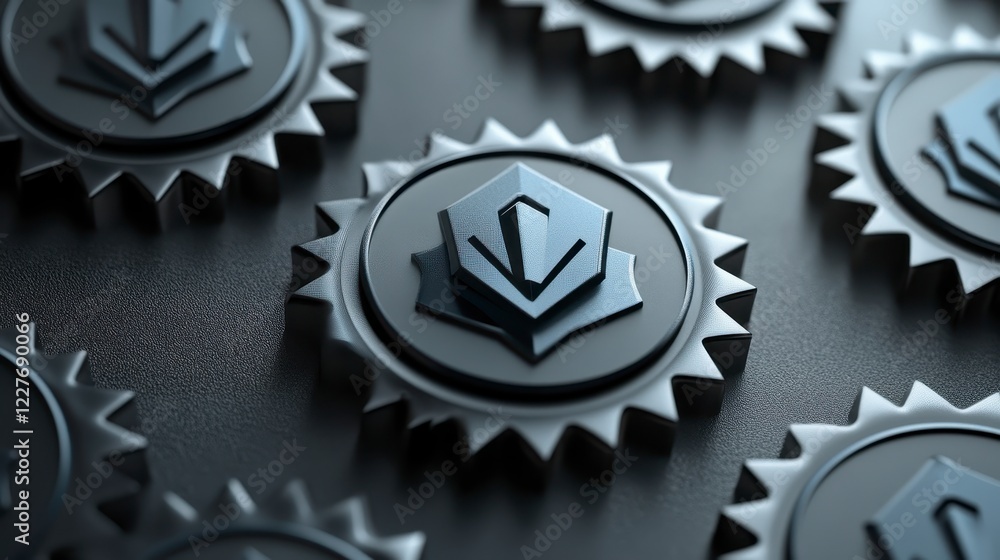 Poster close up view of dark gray metallic gears with a central gear featuring a dark emblem. the backgroun