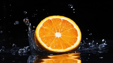 Juicy Orange Slice Splashing into Water with Black Background