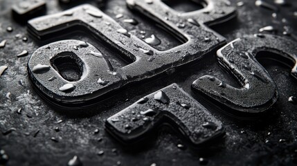 Close up view of metallic, dark gray numbers covered in water droplets on a dark textured surface. High contrast, macro photography style