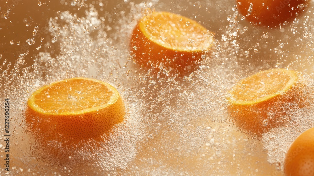 Poster dynamic oranges sliced with water spray creating a refreshing and vibrant culinary scene