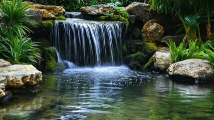 Serene Forest Waterfall Cascading Over Smooth Rocks and Reflective Pool