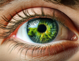 Close-up de la mirada de un ojo humano con el iris con vegetación verde en referencia a la ecología y naturaleza