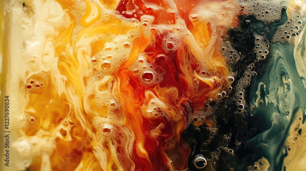 Poster vibrant abstract fluid art with swirling colors and bubbles creating a colorful background for culin