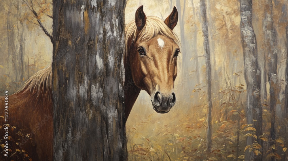 Poster horse peeking from behind a tree in a serene forest setting surrounded by autumn foliage and soft na
