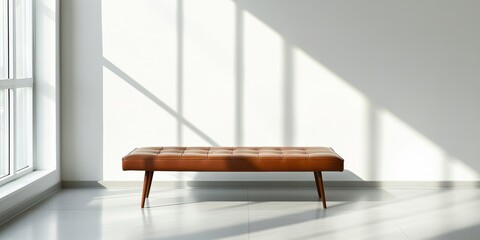 Elegant leather bench in sunlit modern interior against white wall with ample copy space for text in contemporary office setting.