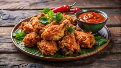 Fototapeta premium Glorified fried chicken with spicy sambal sauce on a plate