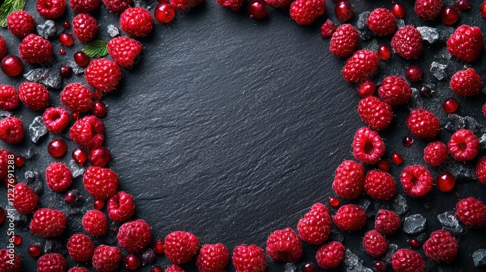 Poster fresh red raspberries arranged in a circular pattern on dark slate background with ample space for t