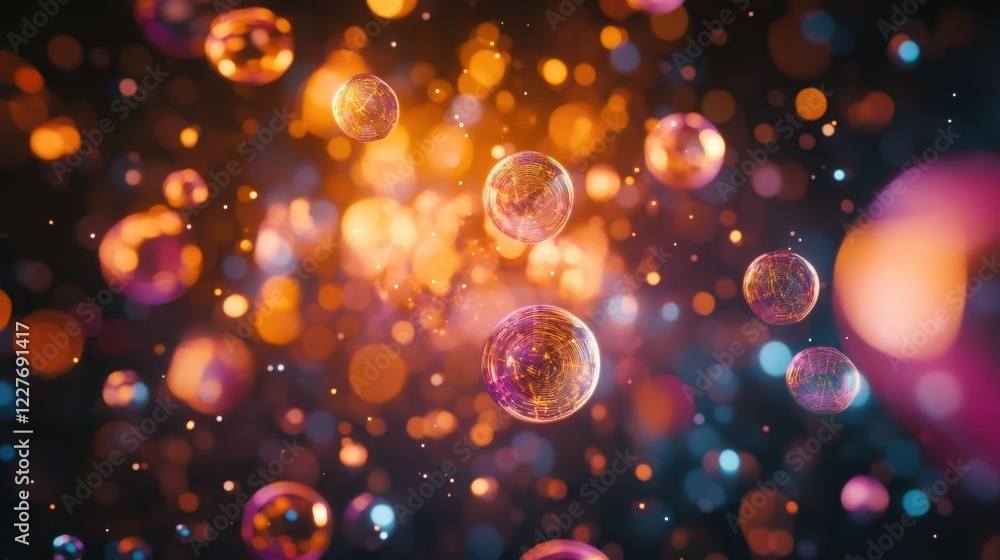 Poster abstract spheres with intricate patterns inside are floating in a vibrant, colorful bokeh background