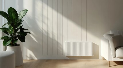 Minimalistic interior featuring a white smart heating radiator with adjustable controls and ample empty space for text and design elements