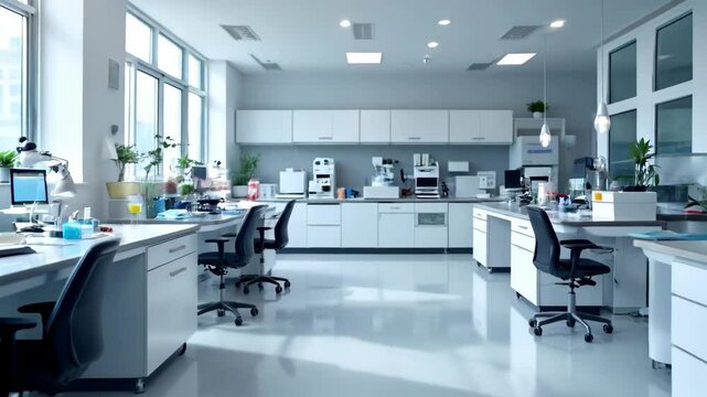 Modern clean laboratory interior with white equipment and workstations. Professional scientific research facility with advanced technology. Empty medical or chemical testing space