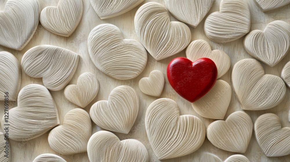 Poster A captivating display features numerous intricately carved wooden hearts, with a singular vibrant red heart standing out. Perfect for evoking warmth and affection in any setting
