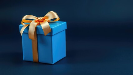 Obraz premium Golden bow tied around a blue gift box on a dark blue background with glittery stars and subtle shine, starry night sky, elegant decorations, blue gifts
