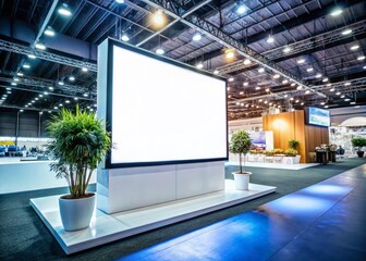 Blank LCD Smart TV Mockup at Trade Show Booth - White Background for Presentation