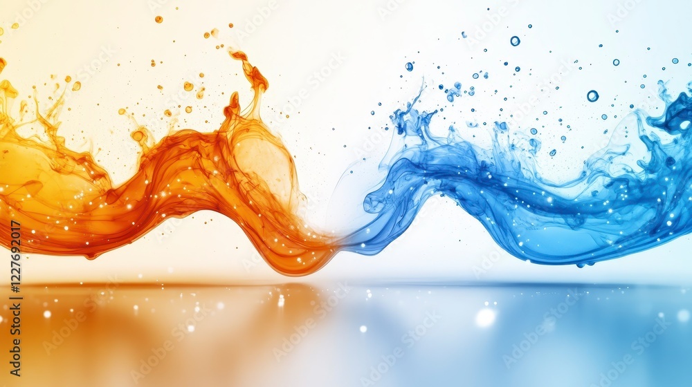 Poster abstract image of orange and blue liquid splashes merging on a reflective surface, creating a dynami