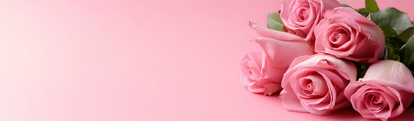 Fototapeta premium Pink roses bouquet, pink background, greeting card
