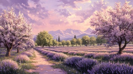 Vibrant Orchard Landscape with Flowering Trees and Lavender Fields under a Serene Sky and Majestic Mountains in the Background