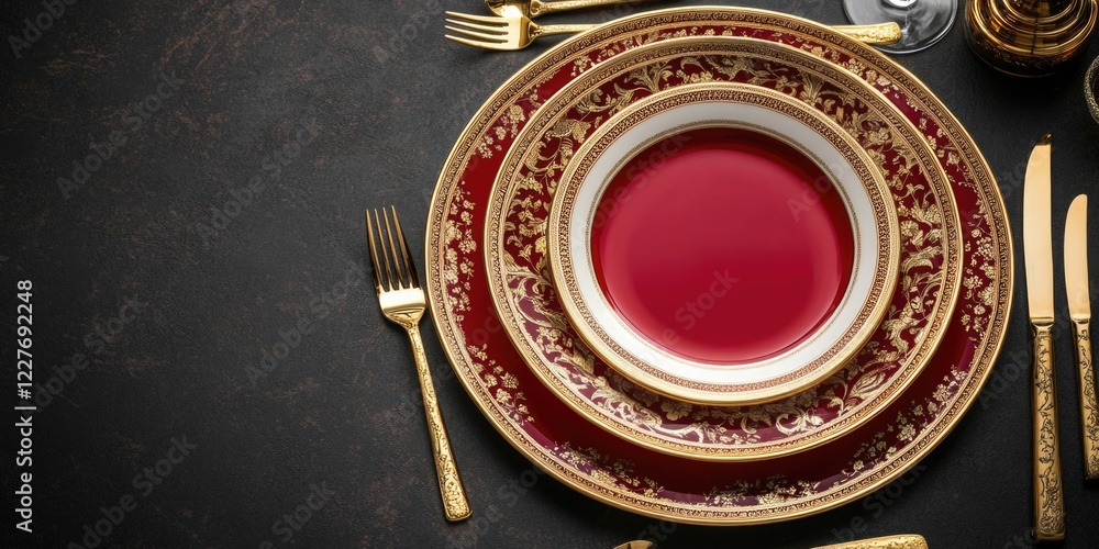 Poster elegant red and gold holiday dinner table setting with luxurious decor and empty space for custom te