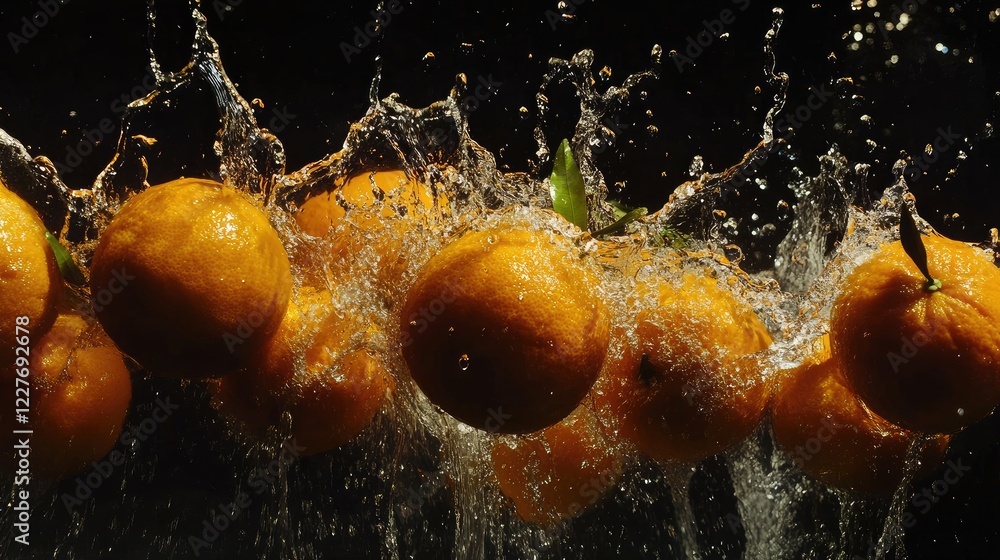 Poster oranges creating dynamic splash in water against dark background showcasing freshness and vibrant co