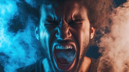 Man expressing disgust with a strong negative reaction to unpleasant odor in a dramatic smoky atmosphere