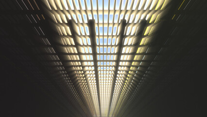 3d Illustration of a futuristic building interior with god rays shining through the windows