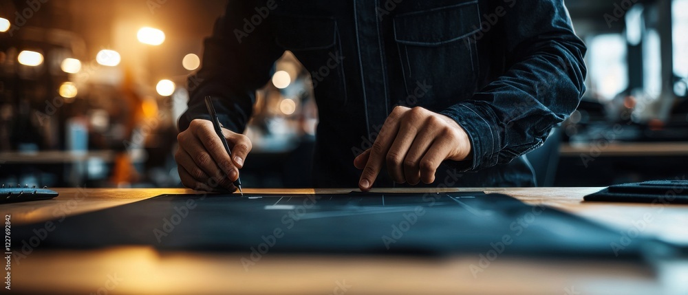 Poster a person is intently working on a design project at a well-lit workspace, focusing on detailed tasks